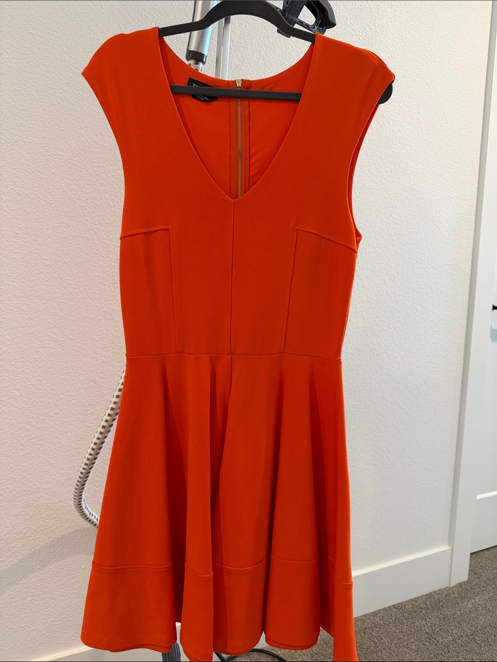 bebe Sleeveless V-Neck Fit-and-Flare Dress in Bright Orange